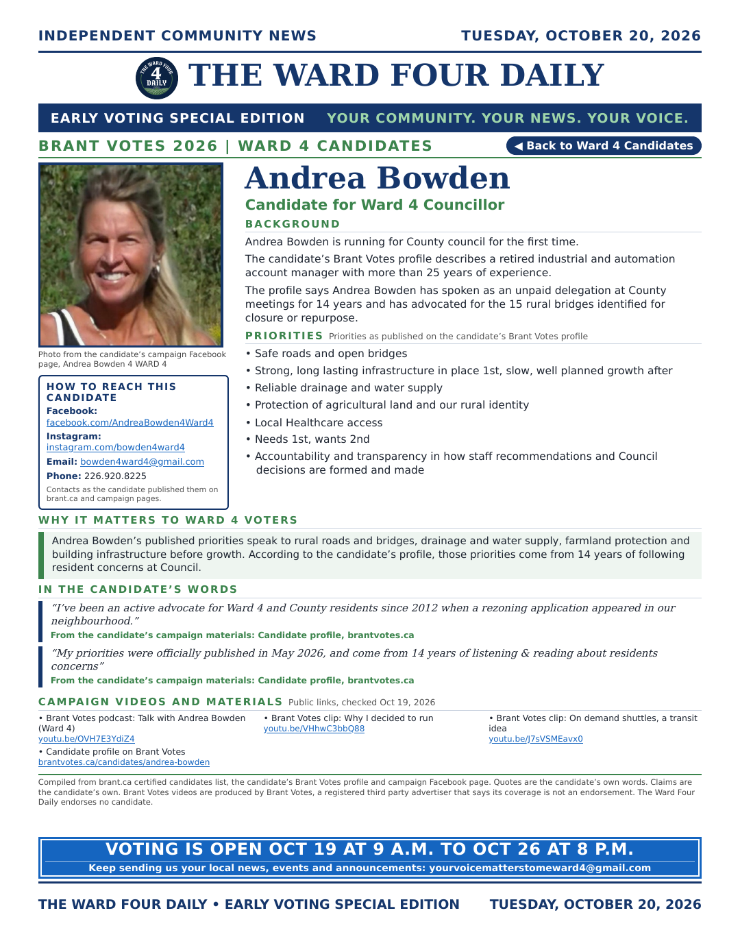 Andrea Bowden page from the Early Voting Special Edition