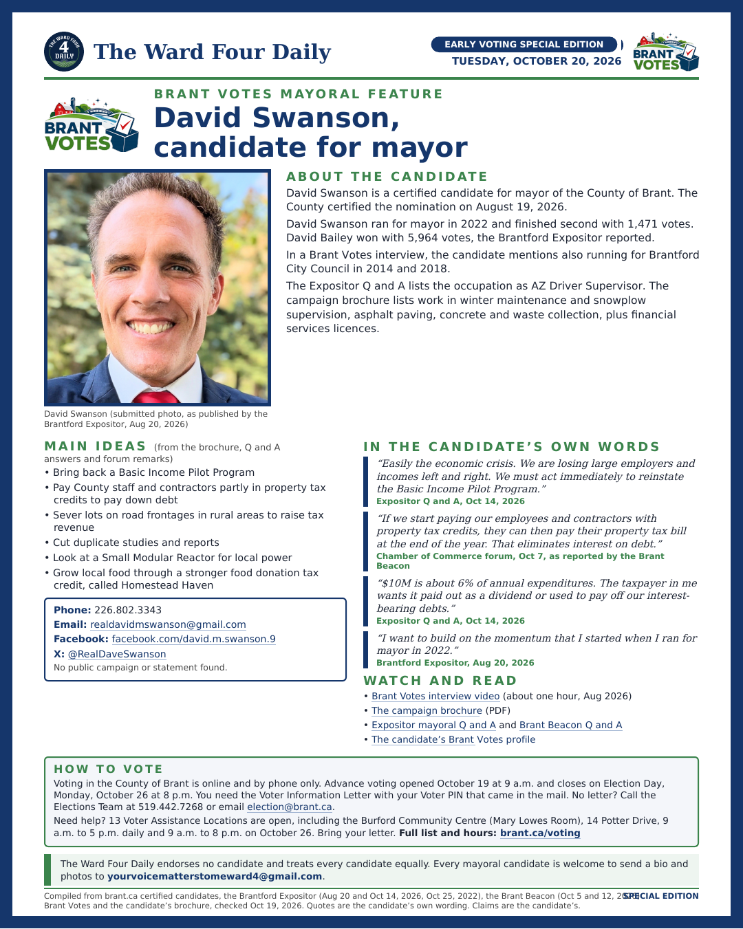 David Swanson page from the Early Voting Special Edition