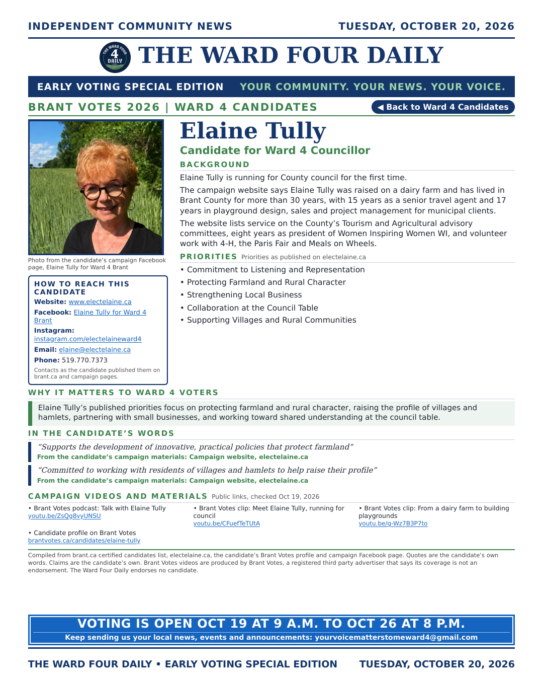 Elaine Tully page from the Early Voting Special Edition