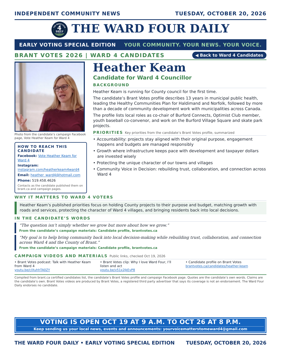 Heather Keam page from the Early Voting Special Edition