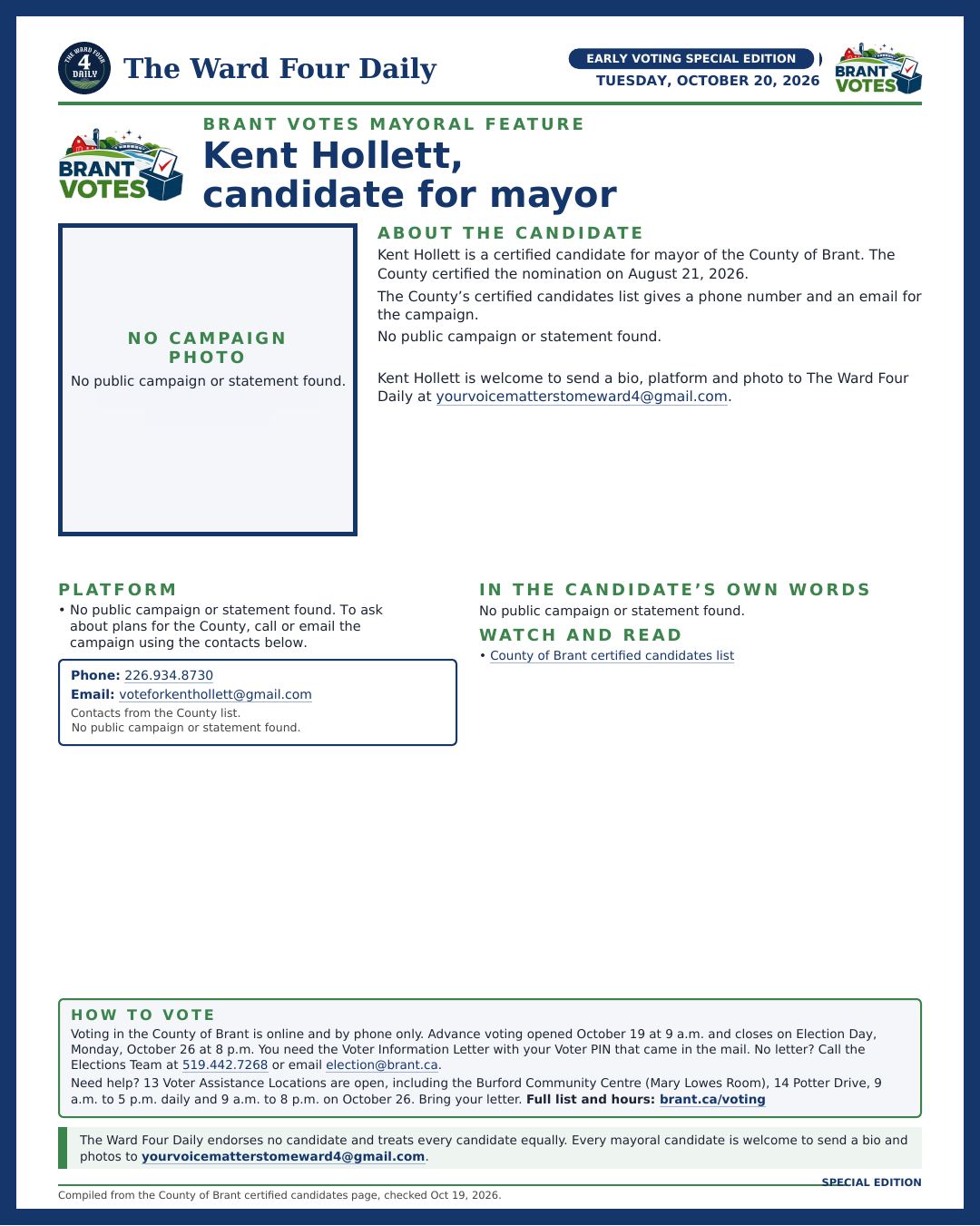 Kent Hollett page from the Early Voting Special Edition
